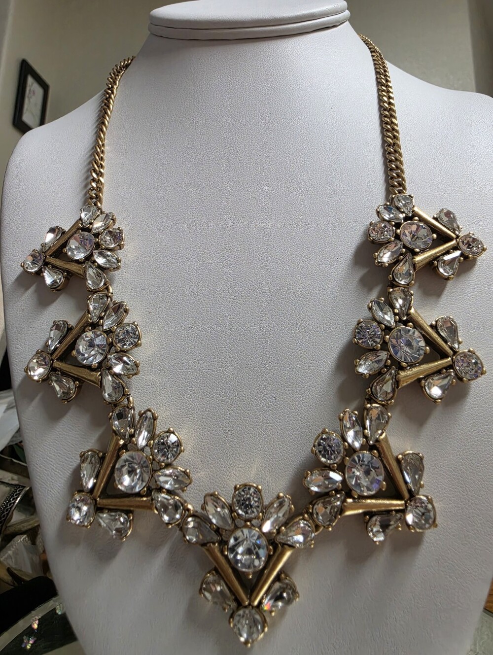 J Crew Brass Clear Crystal Triangle Cluster Statement Bib Necklace - Picture 8 of 8